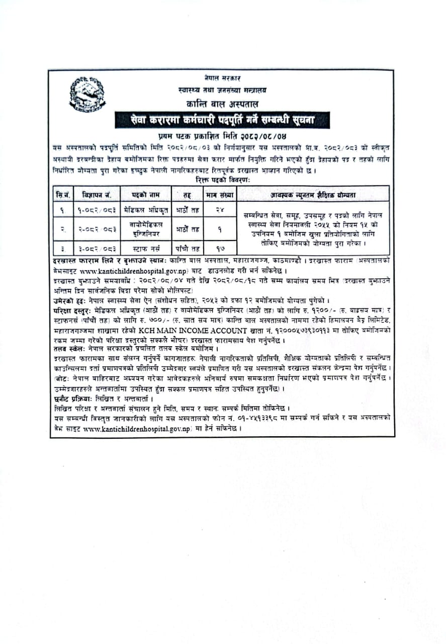 मेडिकल अफिसर, बायोमेडिकल इन्जिनियर र स्टाफ नर्स पदको लागि रिक्त पद (खुला प्रतिस्पर्धात्मक परीक्षाको लागि)